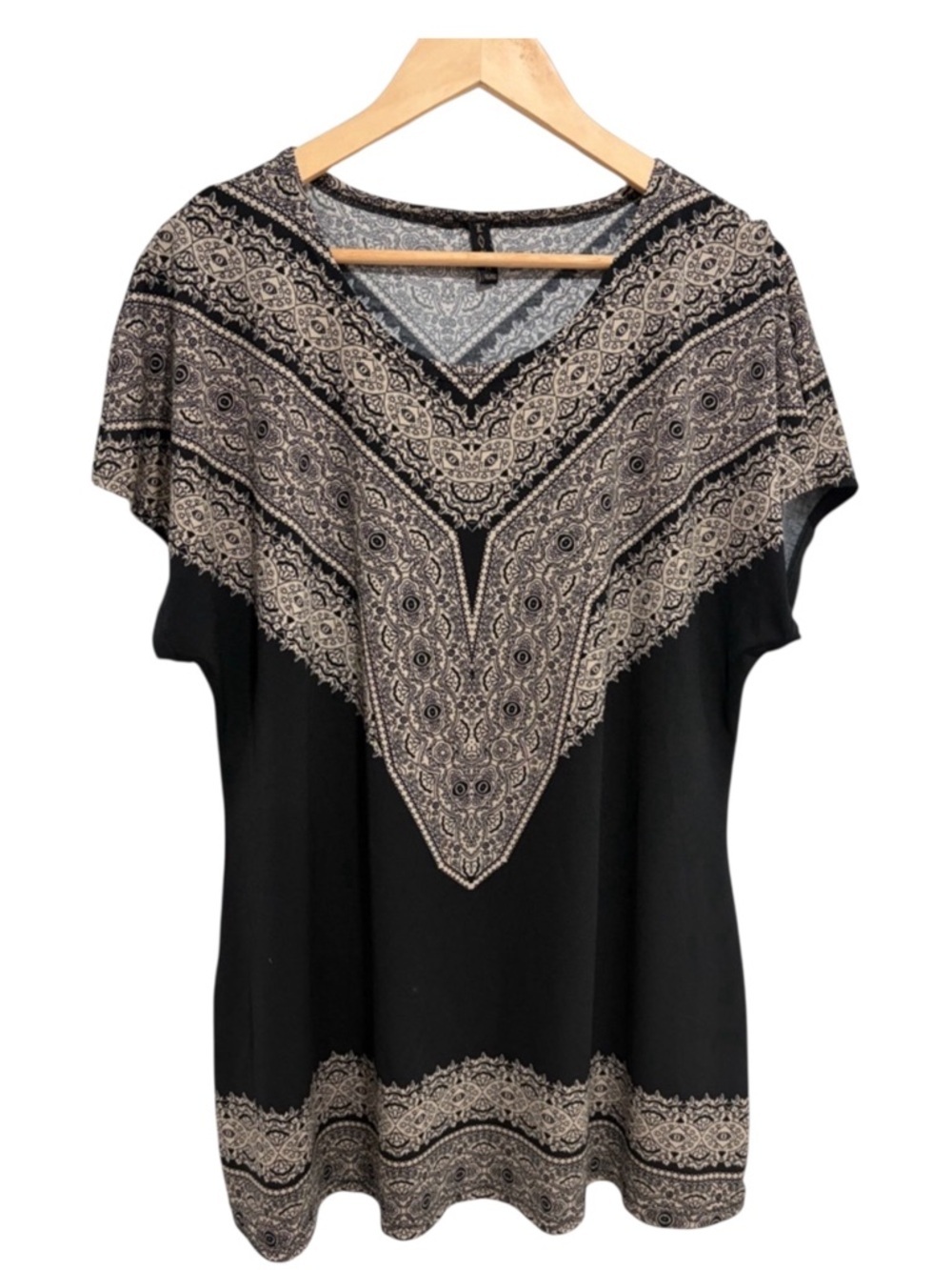 Lavena Black Short Sleeve Top with Beige Boho V-Panel